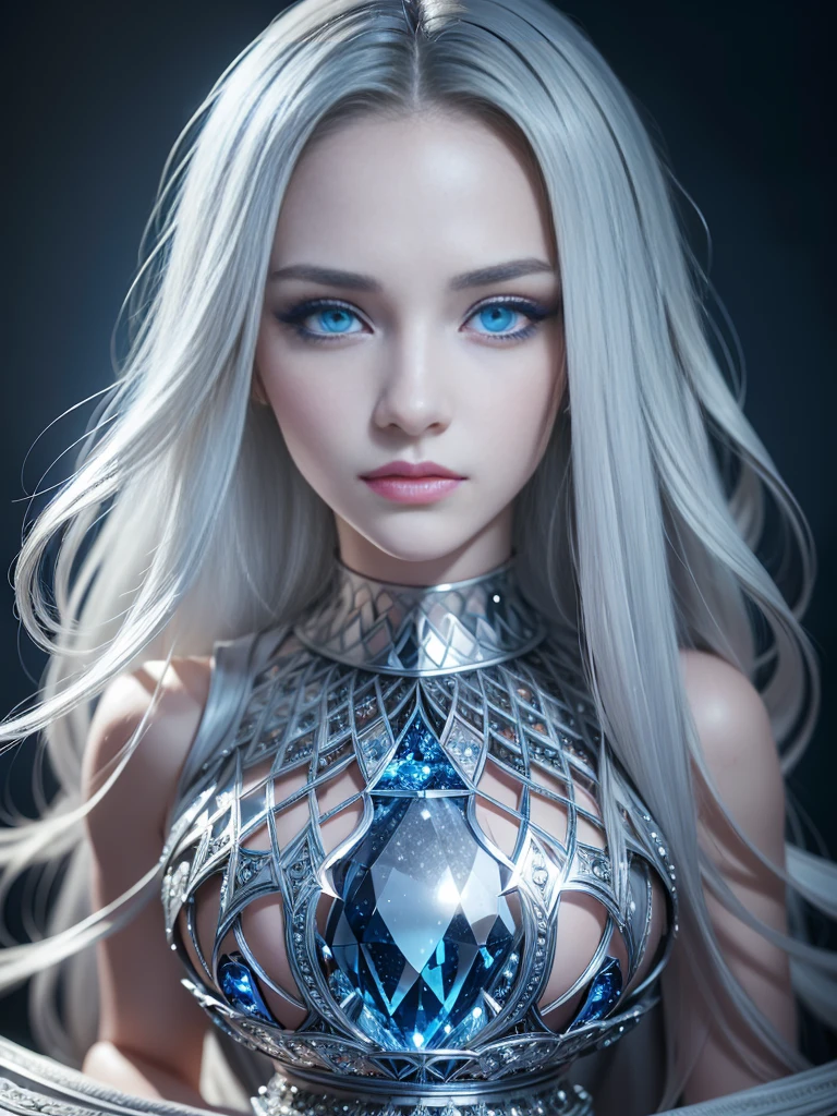 8k, (full body shot:1.4), 20-year-old Swedish girl, raw, Beautiful woman, (straight gray hair), Crystal-encrusted girl, sexy poses, The white skin is inlaid with transparent crystal, ((lens)), The structure is made of crystals, Hourglass body, intricate, beautifull face, elegant, highly detailed, digital hyperrealistic photography, hyperrealistic photography filigree, shyness, most beautyfull face, (masterpiece, sidelighting, (finely detailed beautifull blue eyes: 1.2)),