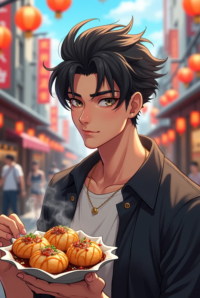 A handsome anime guy wearing sunglasses is eating takoyaki.