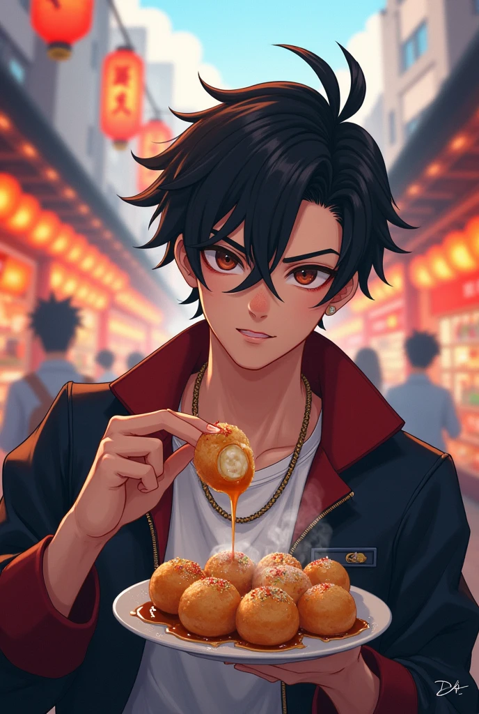 A handsome anime guy wearing sunglasses is eating takoyaki.