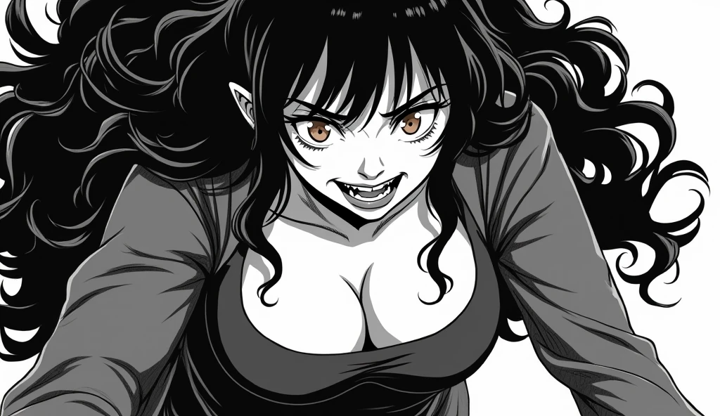 1human yandere girl with big chest scary smile yandere eyes looking at me leaning at me bending at me waist visible black and white manga image