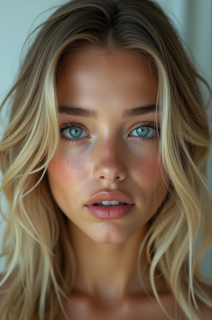 A 20 year old girl (highly detailed women face)) long, blonde hair and (beautiful detailled light blue eyes.2)(closed mouth:1.2), some facial imperfections, ultra detailed, beautiful girl, real human wet skin, striking features, beautiful, intri details, tension, contrast, (texture:11) (realism:1.1)