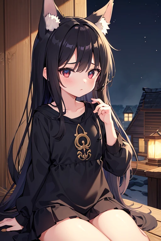 ((Highest quality)), ((masterpiece)), (detailed), 1girl, cute Five fingers Small wolf ears Black braid forehead Petite Normal chest No human ears Big eyes Her eyes are black first round whole body Black tabard The background is inside the hut at night