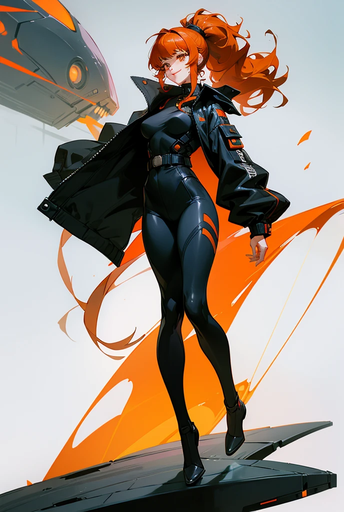 A winning look、smile、woman、special forces、Long Hair、ponytail、My hair is curly、Full body portrait、Bodysuits、Short length jacket、Mechanical collar、Has bangs、A design with many belts on the clothes、ghost in the Shell、Orange hair color、Black clothing