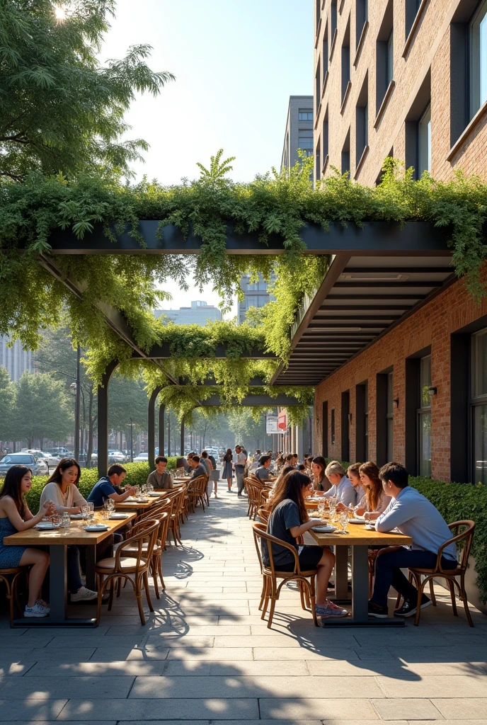 Outdoor dining a parking space for cars where people are now sitting the size of the area is 10,4 x 2,5 is on the street there is a U-shaped shelter with beautifully shaped stone pots all the way through, no trees only small plants inside