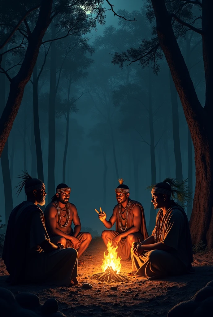 A nighttime scene in a dense forest. Ngungunhane meets with his advisors around a campfire, with tension in the air. One advisor, with a furtive glance, signals to hidden Portuguese soldiers