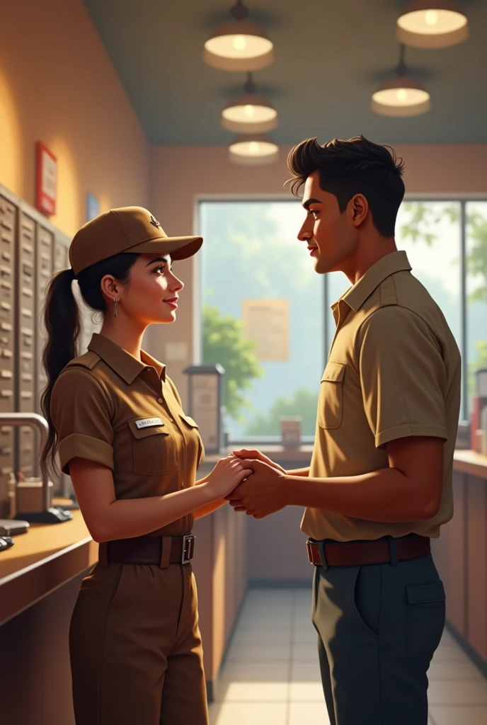 Indian Post office working girl brown uniform and boy age 28