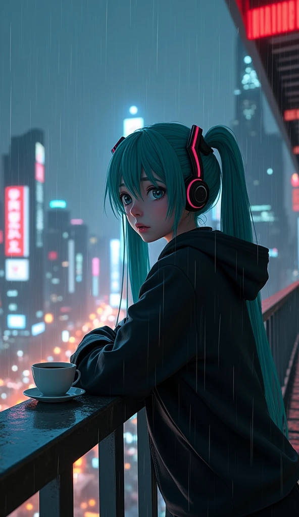 Anime Hatsune miku, wearing black hoodie, cyberpunk city night time drinking coffee at home balcony while resting arm on barrier while standing, glaring at the city night, lofi music, raining and face tilt facing 45 degree angle away from camera. 3D design 4k resolution 