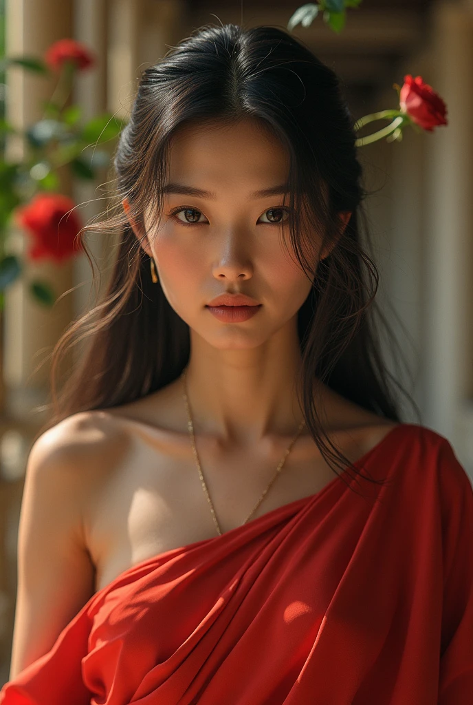 A woman with fair skin, long hair, beautiful, neat, sweet, like a rose, wearing an ancient Thai dress, red.