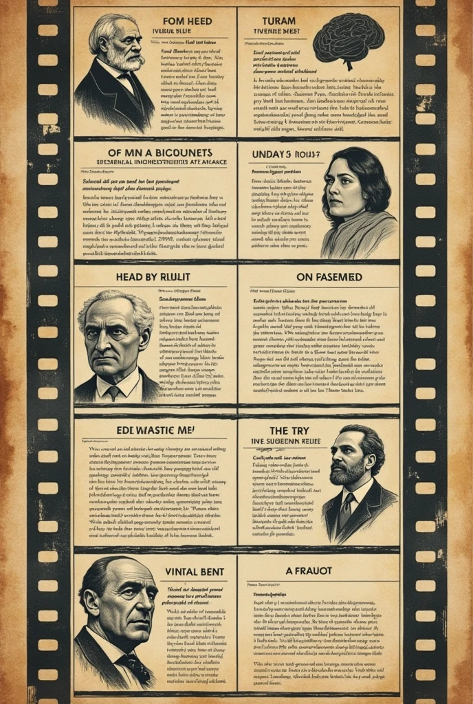 Here you have the prompt in Spanish:

"Create a vintage film strip illustration in the style of old cinema. Each frame of the film must represent key concepts and significant historical events related to Sigmund Freud&#39;s philosophy., as well as their contributions to scientific advancement. Incorporate handwritten text and hand-drawn images to represent these ideas., mimicking the look of a traditional handmade project. The overall design should have an academic yet artistic look., as if it had been carefully crafted by hand."