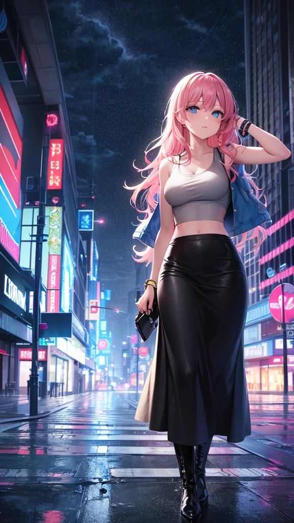 masterpiece, best quality, highres, high detail, beautiful woman, wavy hair, (pink hair), (blue eyes), ((blue tank top crop top and jacket)), ((long black skirt)), midi pencil skirt, leather boots, wearing headphones, bracelets, looking at viewer, rainy backdrop, storm, clouds, city alley at night, (night sky), reflective light, blue light, neon lights, 