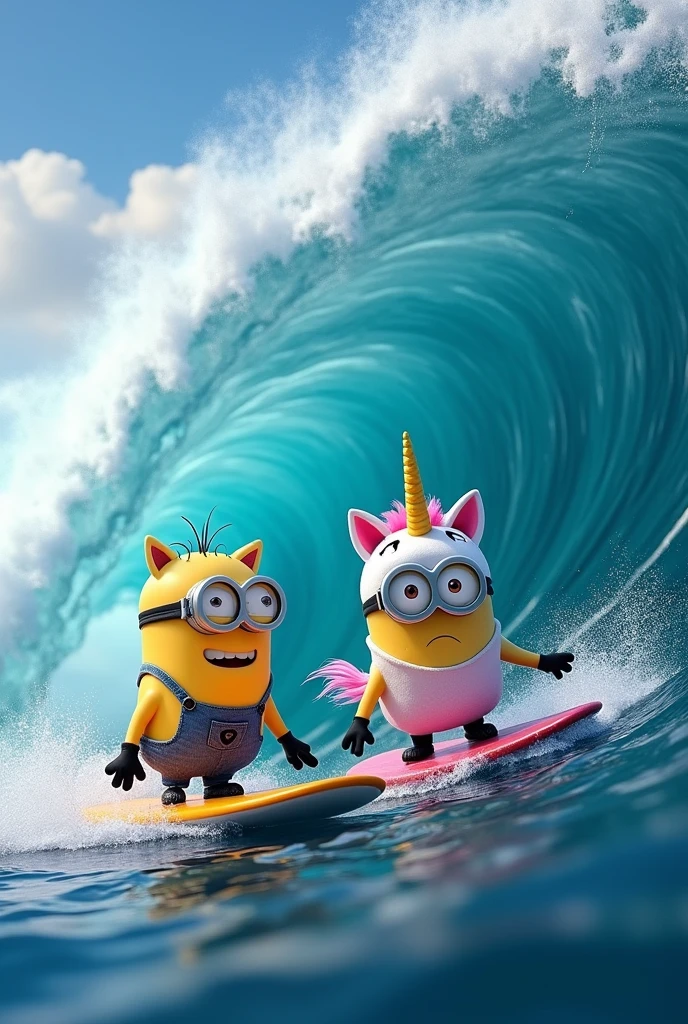 Un minion deguisé en chat qui surf sur une enorme vague avec une vrai planche de surf et a coté un minion qui surf aussi la vague avec une planche de surf différente de celle du chat, le minion est déguisé licorne ,