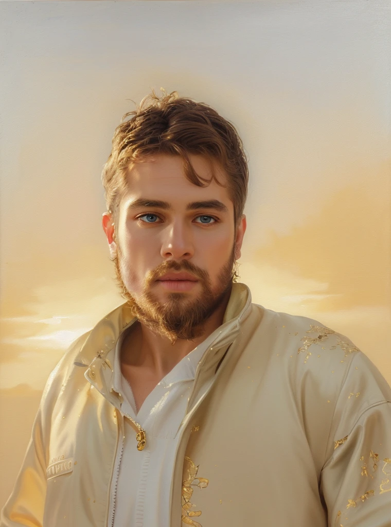 Man in a jacket,Gold and white details,(Best Quality,Ultra-detailed) (oil painting),(Clean composition),(Beautiful workmanship)