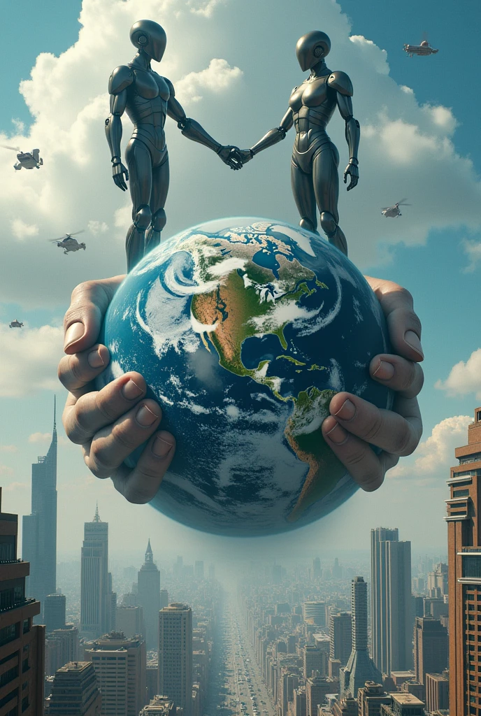 A two hand holding the earth and above of that there is a two big human and a robot shaking thier hand at the background and below of the earth is full of building and flying technologies