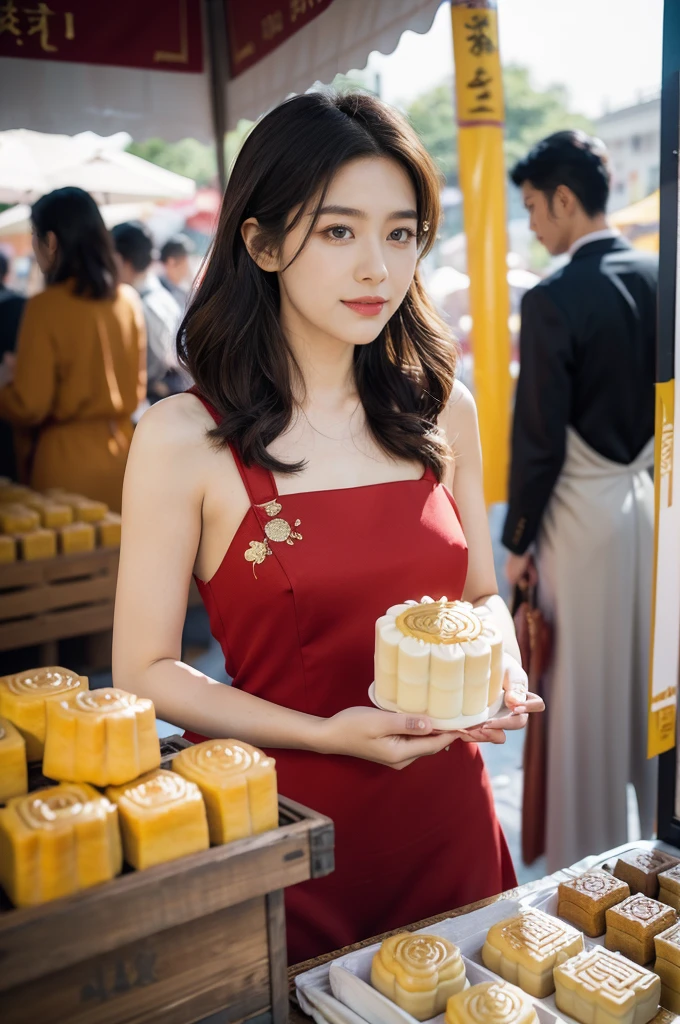 (((best quality))),(((ultra detailed))),(((masterpiece))),illustration,((1 beautiful girl,solo)),(straight bob:1.2),((slim,thin)),((small breasts,flat chest)),delicate face, twinkling eyes,(osmanthus flower dress:1.3),(slender legs:1.2),(stockings:1.3),(standing:1.3),fair complexion,(bustling market:1.3),(stall full of mooncakes:1.3),curiosity,delight,promotional,haggling,intricate patterns,Mid-Autumn Festival atmosphere, flaky, smile, sweet, fragrant filling, delightful contrast, salty exterior, eyes widen, pleasure, exploring,excitement, box, joyful anticipation, festive spirit, vibrant atmosphere, enchanting appearance, lively scene, captivating, timeless image,(outdoor:1.2),(bright sunshine:1.3),(day scene:1.3),((from front,upper body)),(surrounded by crowded crowds:1.3)