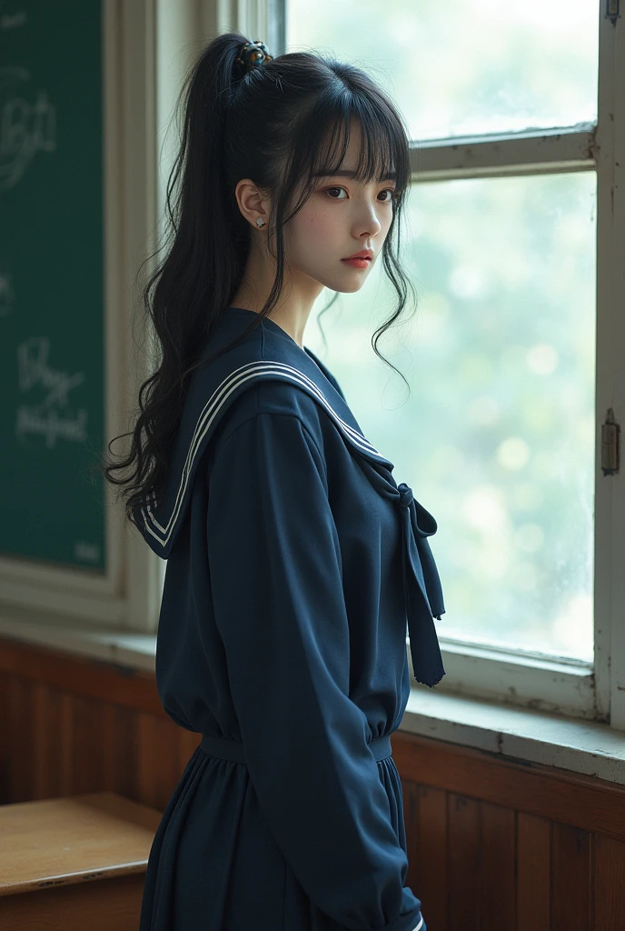 Realistic、standing by the classroom window、beautiful。She wears a navy blue sailor suit。(torn sailor suit:1.4)
