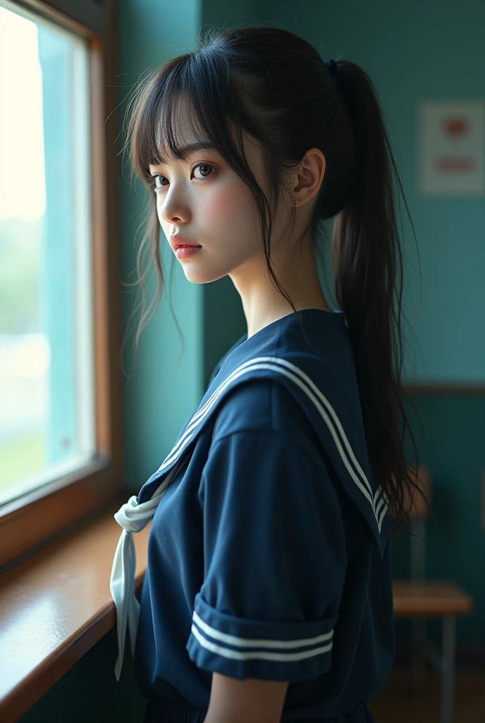 Realistic、standing by the classroom window、beautiful。She wears a navy blue sailor suit。(torn sailor suit:1.4)