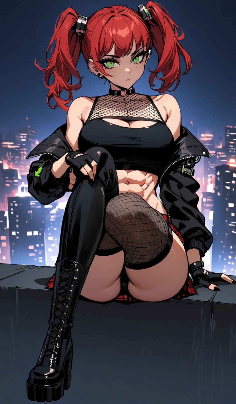 woman, stoic, curly red hair in pig tails, green eyes, black eyeshadow, wearing crop top black shirt, long black jacket, red plaid skirt, black knee high boots, black fingerless gloves, exposed shoulders, large breasts, freckles, abs, cleavage, looking down at viewer, masterpiece, best quality, Holo-Punk Style, cityscape, make up, eyelashes, fish net undershirt, fish net stockings, (full body), legs crossed