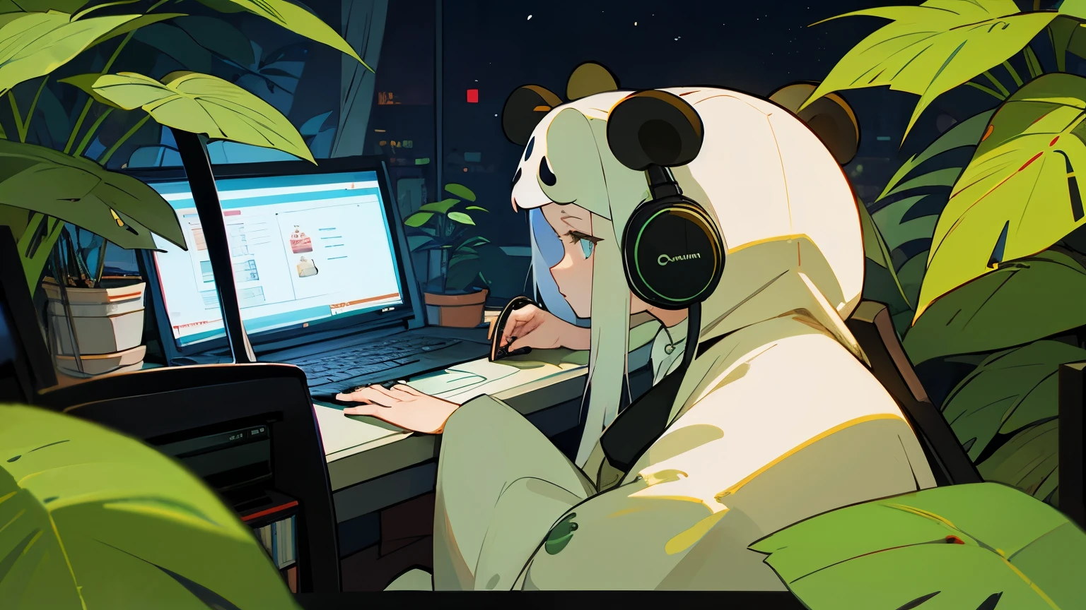 I have headphones on Computer work Night view Panda Clothes Foliage plant slowly
