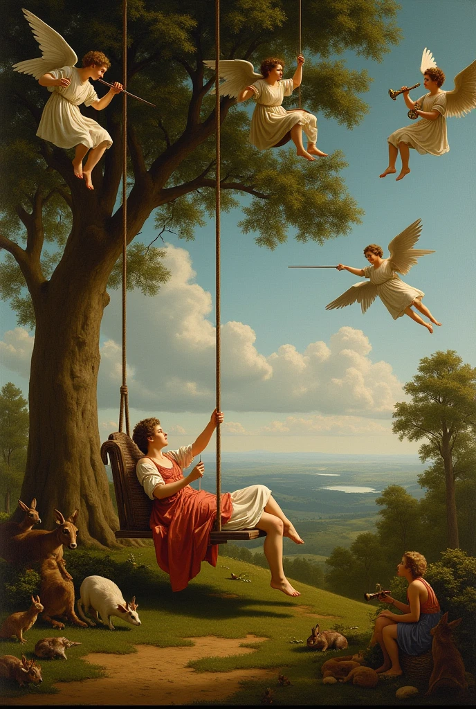 Create a Renaissance image of the work the swing leaning against a tree surrounded by animals with angels up in heaven playing violin and saxophone