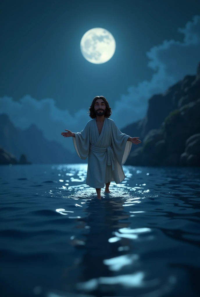 In cinematic 3d cartoon style"Jesus Walking on Water: A serene night scene where Jesus, dressed in white robes, is walking calmly on the surface of the Sea of Galilee. The water is dark, reflecting the moonlight, and there are slight ripples where Jesus's feet touch the water. His arms are slightly outstretched, and his face is peaceful.