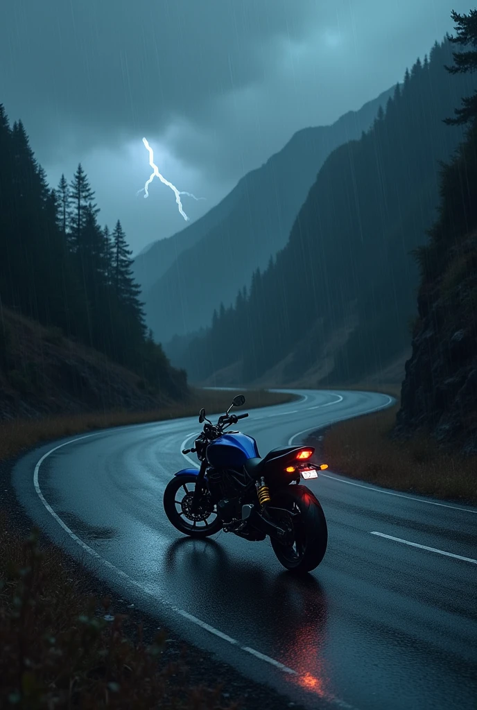 Dark stormy night, motorcycle laid in curve of back mountain road, no people