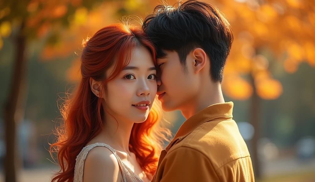 there is an asian couple, The girl has bright red hair and round cheeks, Man and woman hugging, romantic hug, They're looking at the camera, cinematic luts, high quality portrait, trending on pixels, cinematic. by Leng Jun, outdoor fine Photography, Pixel Contest Winner, perfect composition and lighting, cinematic Photography, Shot on Canon EOS R5, additional detail, ultra quality, Ultra resolution, 16 thousand., portrait Photography, fashion, cinematic, Photo