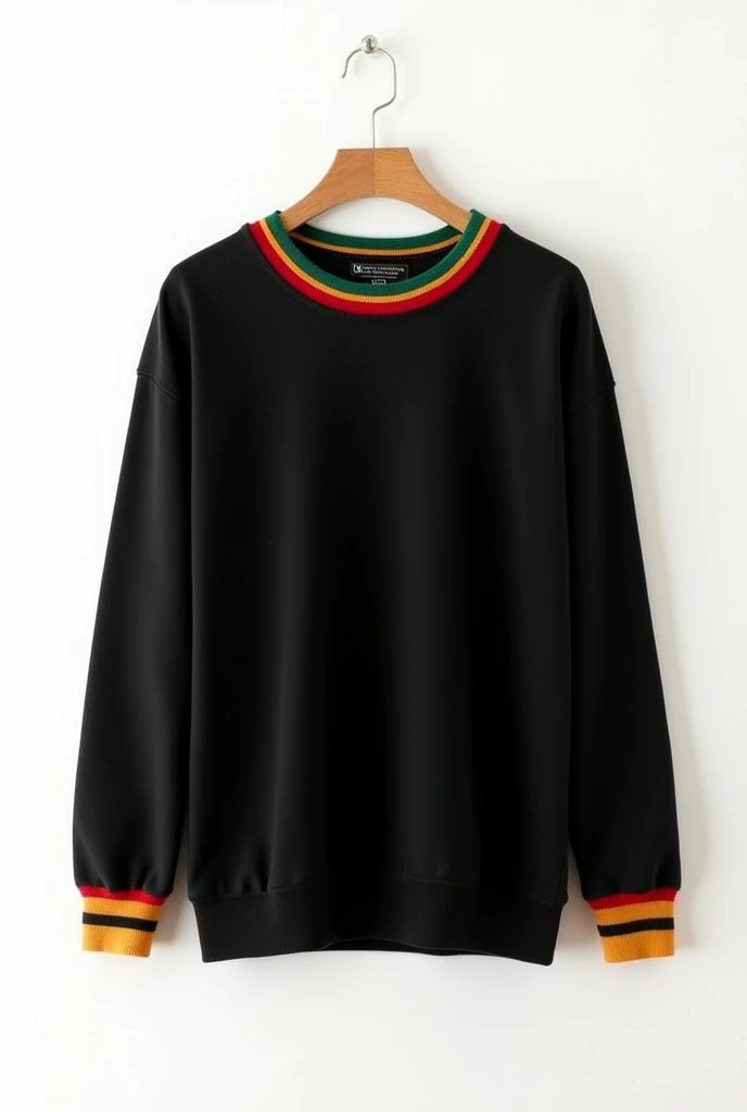 The Back of a Black long sleeve T-shirt with strip of colors red, gold and green on neck and strip of colors red, gold and green at the tip of sleeves in white background in HD
