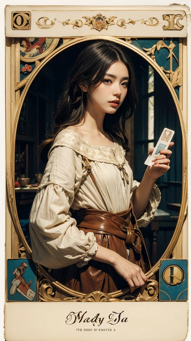 Highest quality、masterpiece、タロットcard、Balance scale、(Morgan Greer Tarot:1.2)、Retro art style、Thick outline、English text、Roman numerals、card、(Fit the frame properly:1.2)、(タロットcard風の枠:1.5)、((Medieval Europe、Fraudster、Shady woman:1.5))