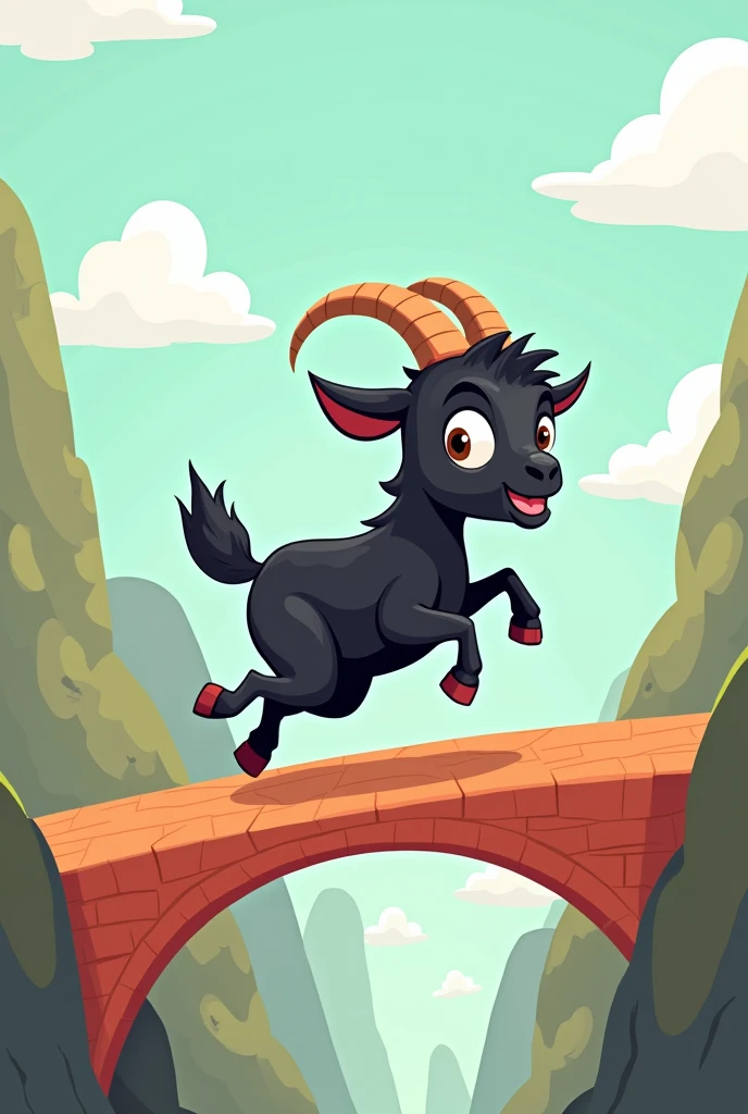 Cartoon one black goat running on the bridge 