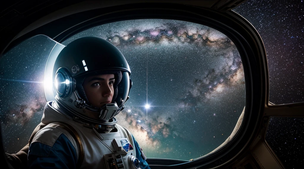 Double exposure of the Milky Way galaxy inside the helmet of an astronaut