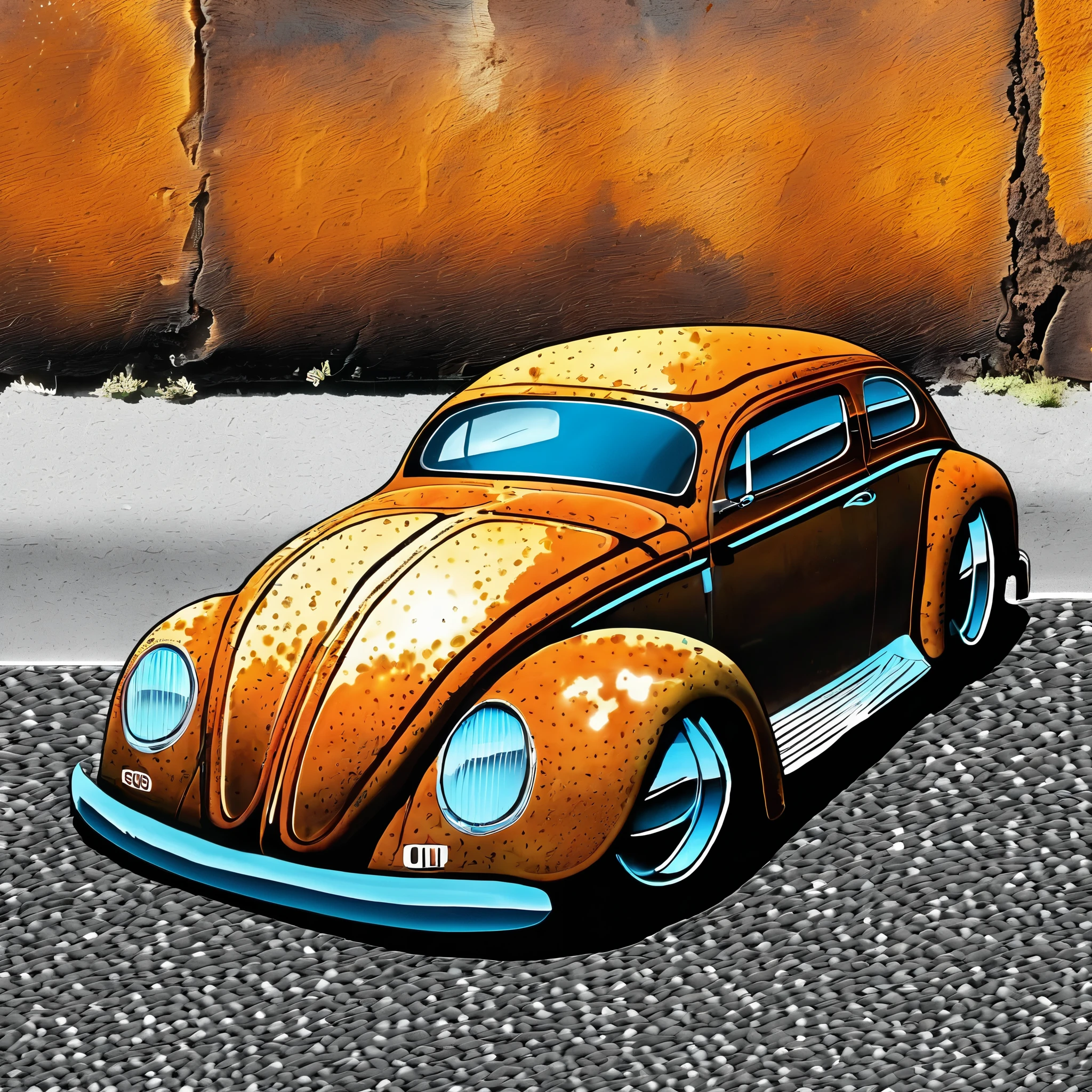 arafed old car parked on the side of the road, beetle, beetle-inspired, restomod, (((rusty))), stained antique copper car paint, kombi, patina, rusty colors, (rust), color vintage, classic car, profile image, rusty cars!!, profile picture, rusted, antique, brown:-2, vintage old, rusting