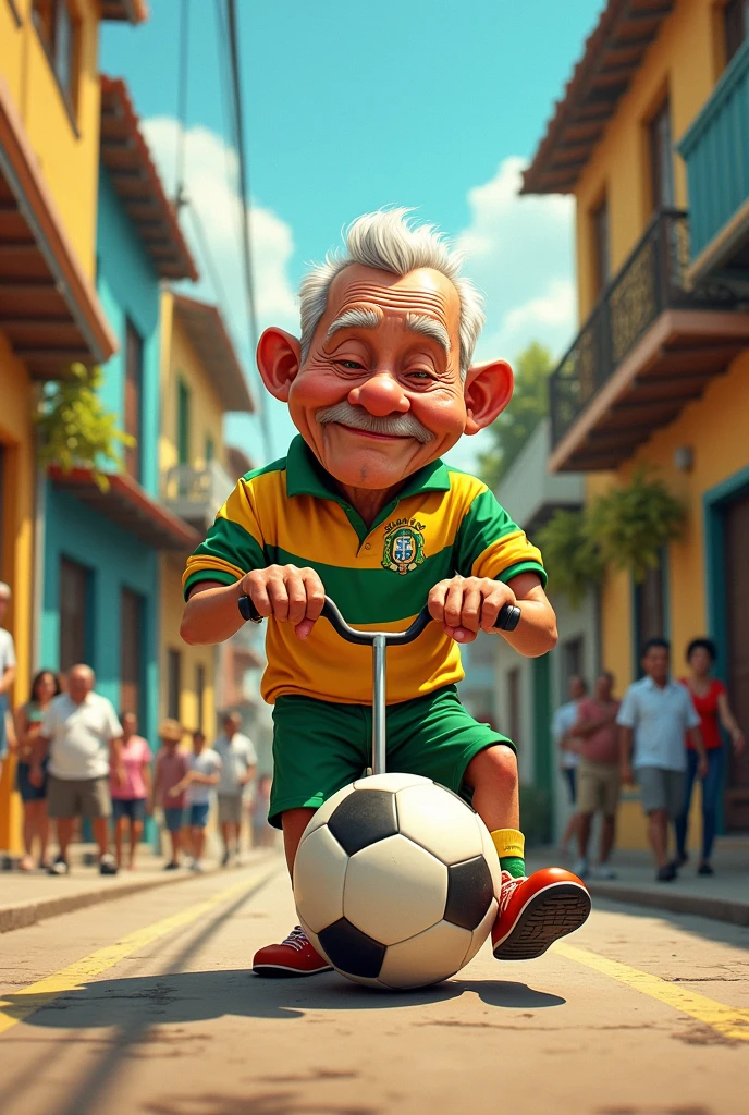 Mr. Madruga from the Chaves series, driving a goal with a Brazilian football team Corinthians shirt