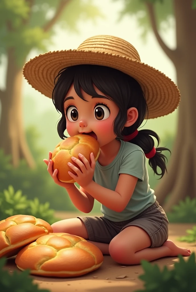 Create an image of a character eating a Paraguayan chipa with a straw hat, something simple