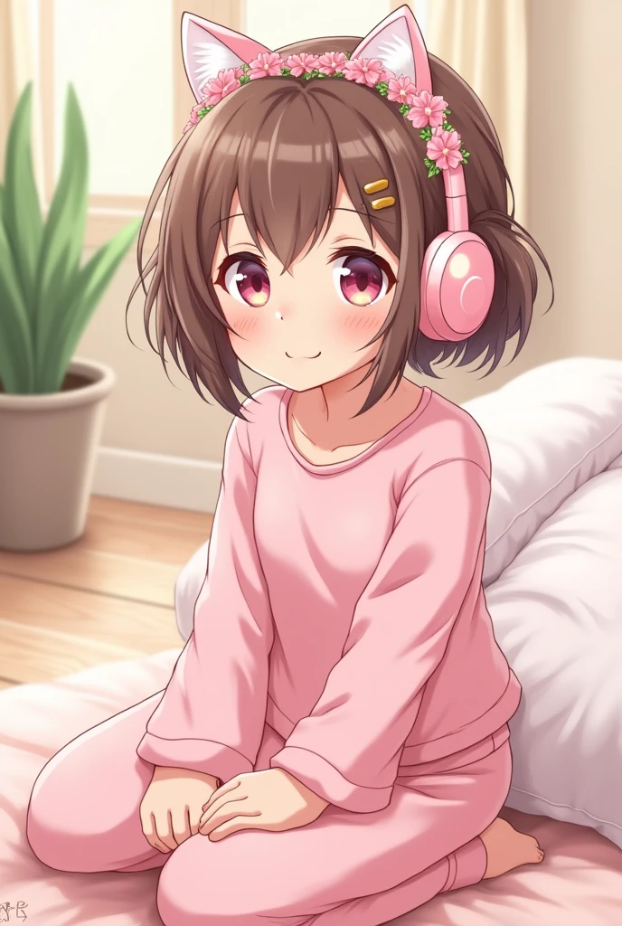 Brown Anime Girl with Hair Tied Up, Pink Cat Headphones, Flower Headband, Pink Pajamas, Long Pants, Long Sleeves