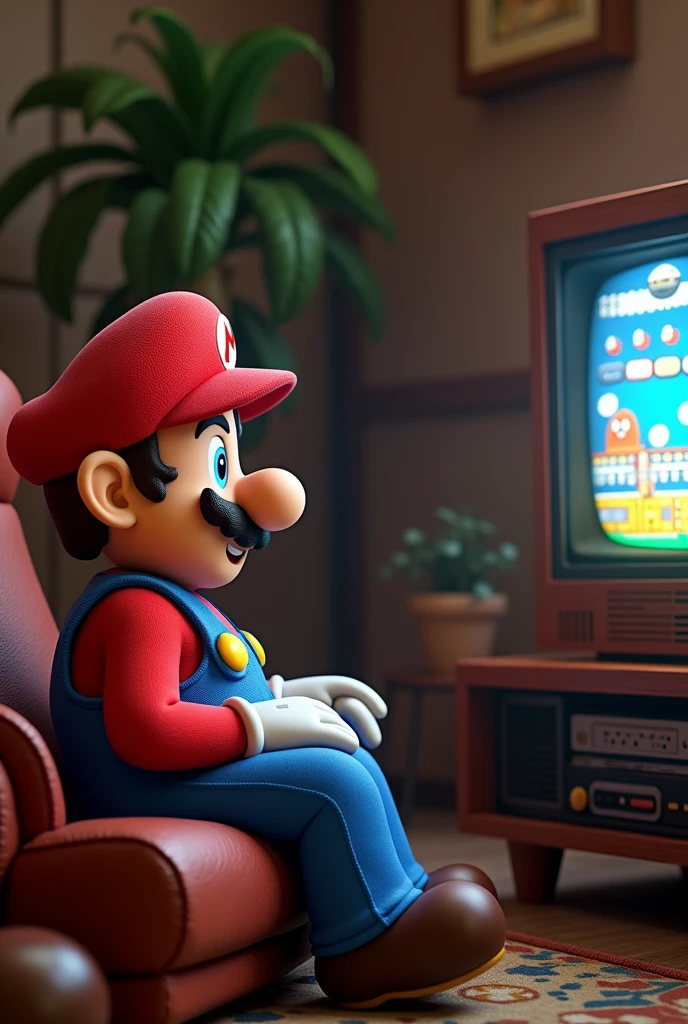 Super Mario character sitting in front of a television playing PAC man