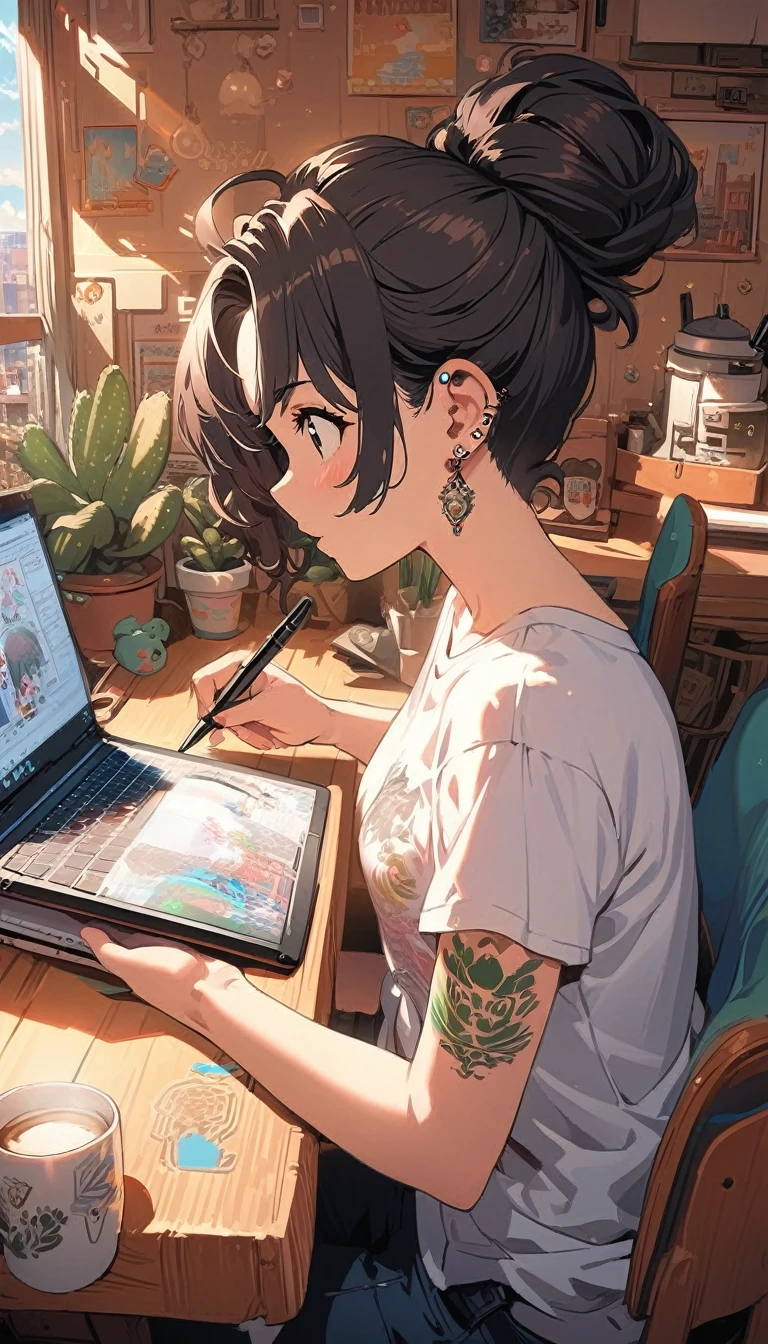 (extremely detailed CG unity 8k wallpaper), (best quality), (best illustration), (best shadow), realistic lighting, beautiful detailed reglow, masterpiece, best quality, lofi artstyle, lofi art, city, town, 80s anime style, Retro, Lo-Fi, 1girl, arm tattoo, black hair, brown hair, cactus, coffee mug, computer, cup, drawing, drawing tablet, ear piercing, earrings, from side, hair bun, holding, indoors, jewelry, laptop, mug, piercing, plant, potted plant, shirt, short sleeves, single hair bun, sitting, solo, stylus, sunlight, t-shirt, table, tattoo, white shirt, window, use headphone