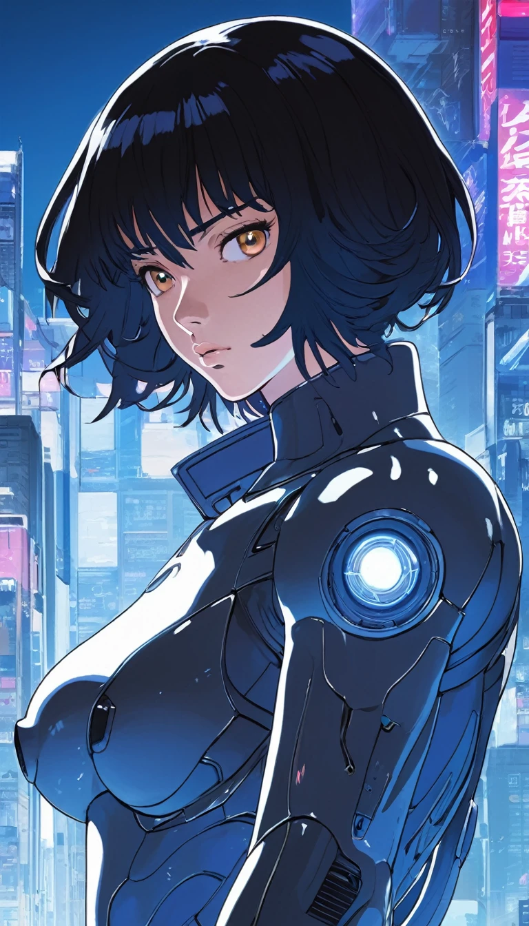 Movie Scenes, Kusanagi Motoko, ghost in the Shell, Detailed Background, masterpiece, 最high quality, high quality, High resolution, Absurd (Anime Scene, toon shading, Satoshi Kon, Ken Sugimori, Hiroshi Arakawa:1.2), (Anime Style, Manga Style:1.3), Low level of detail, sketch, Concept Art, Line art, Webtoon, manhwa, Written by hand, Defined Line, シンプルなcolor合い, Minimal, High Contrast, Linear configuration, Scalable artwork, Digital Art, High contrast shadows, Glow effect, Humorous illustrations, Large depth of field, masterpiece, color, Concept Art, Trending on Art Station, Vivid color, dramatic