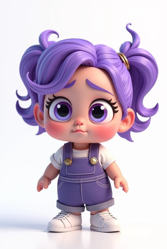 Funnily character, disney pixar style, 3d, lilac skin color, very small, with purple hair and lilac highlights, medium size and wavy, purples eyes, purple denim overalls, White sneakers, white blouse, standing, de corpo todo, chubby body, with a frustrated face, white background, 8 k quality".