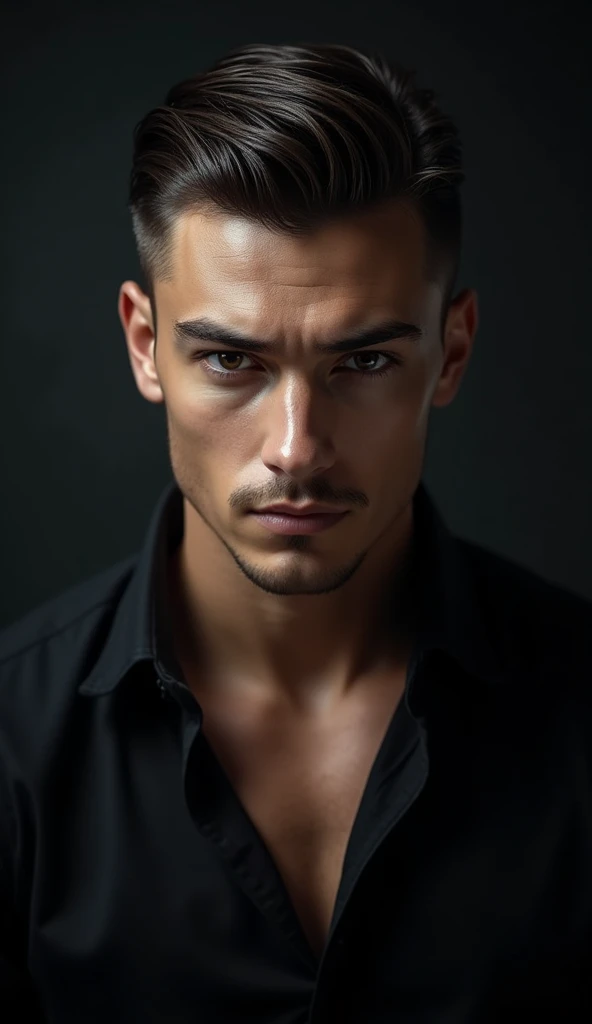 He looked relatively young with black eyes, who looked at me intensely. His slick back undercut styled hair, the broad body, the black shirt with two open buttons at the top and rolled up sleeves gave him an attractive, but also dangerous appearance. A striking face, which was characterized by a certain coldness, suggested, that this man was not easy to understand. His gaze was piercing, and his grin revealed a certain self-confidence, that caught my attention, dark background