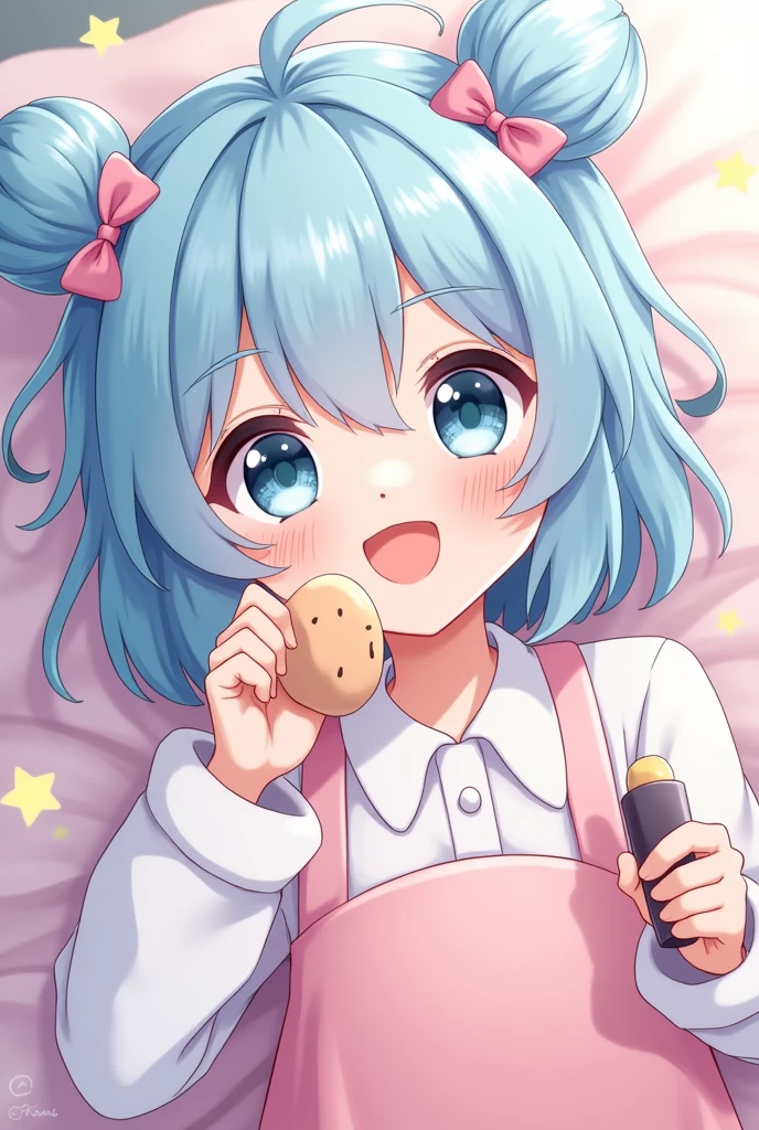 Create a 2d image of a cute anime girl smiling with light blue hair doing ASMR