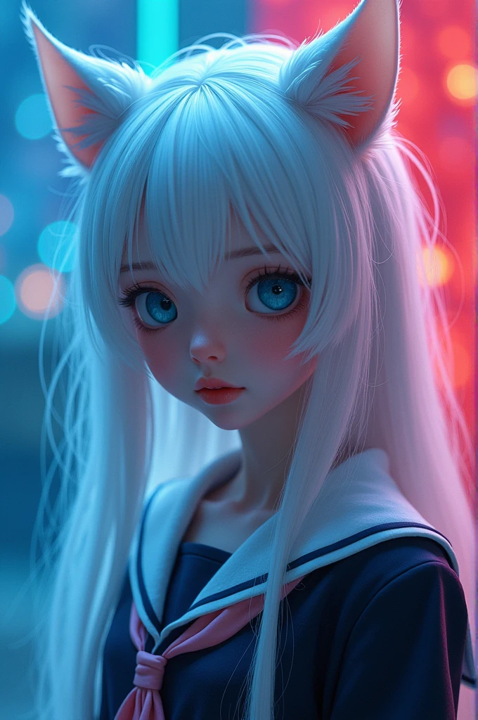 qute girl with white hair and blue eye. cat ears and long hair. outside blue red & purple light mixed background 8k ultra hd photo master piece with school uniform