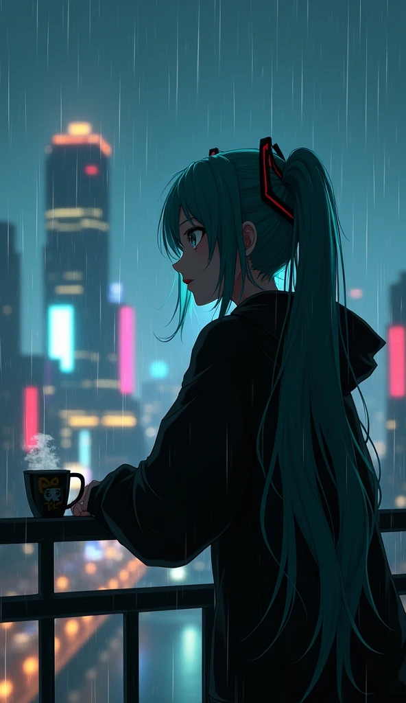 Anime 2D Hatsune miku, wearing black hoodie, cyberpunk city night time drinking coffee at home balcony while resting arm on barrier while standing, glaring at the city night, lofi music, raining and face looking 
away from camera. 4k resolution 