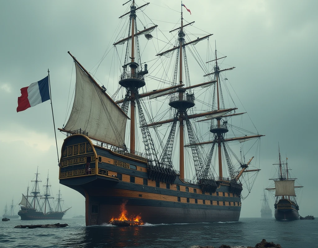 (raw photo, best quality) , (Realistic, photo-realistic: 1.4), extremely formidable general plan, masterpiece, ultra-detailed, high resolution, best illustration, best images, Gigantic ship of the 16th century the royal navy, the ship is very large, it is very beautiful, there four great masts, he has a big hull, he is equipped with about fifty of cannon, he is very beautiful, he carries the French flag (blue white red), around him there are several wrecks of ship destroyed on fire, photorealist style 8k, DSLR, high quality, (grain of film: 1.4), Fujifilm XT3,