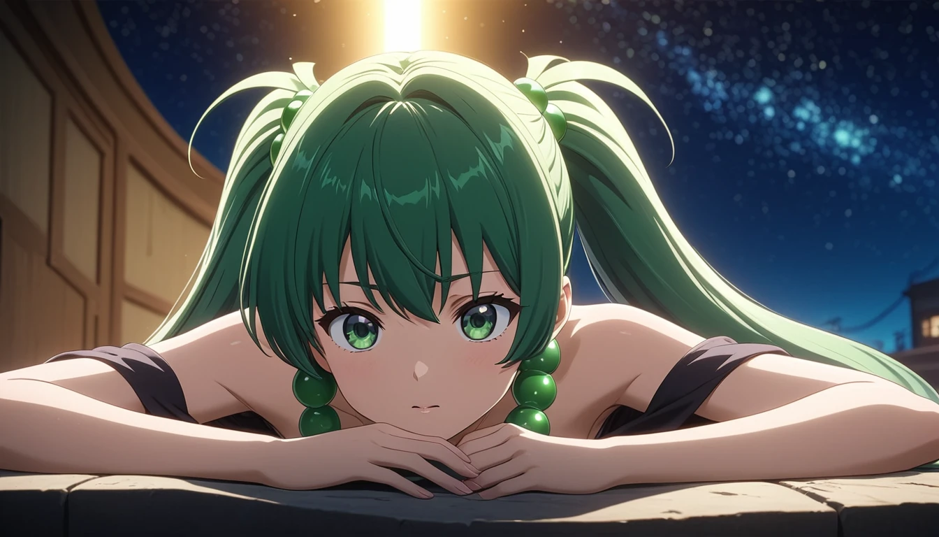 masterpiece，high resolution，Anime Art，Anime Numbers， 4k anime wallpaper，Movie Light Effects，Radiant Skin，Looking at the audience，1 anime girl，Lying under the stars，Green twin ponytails，Green beads，Green eyes，thigh