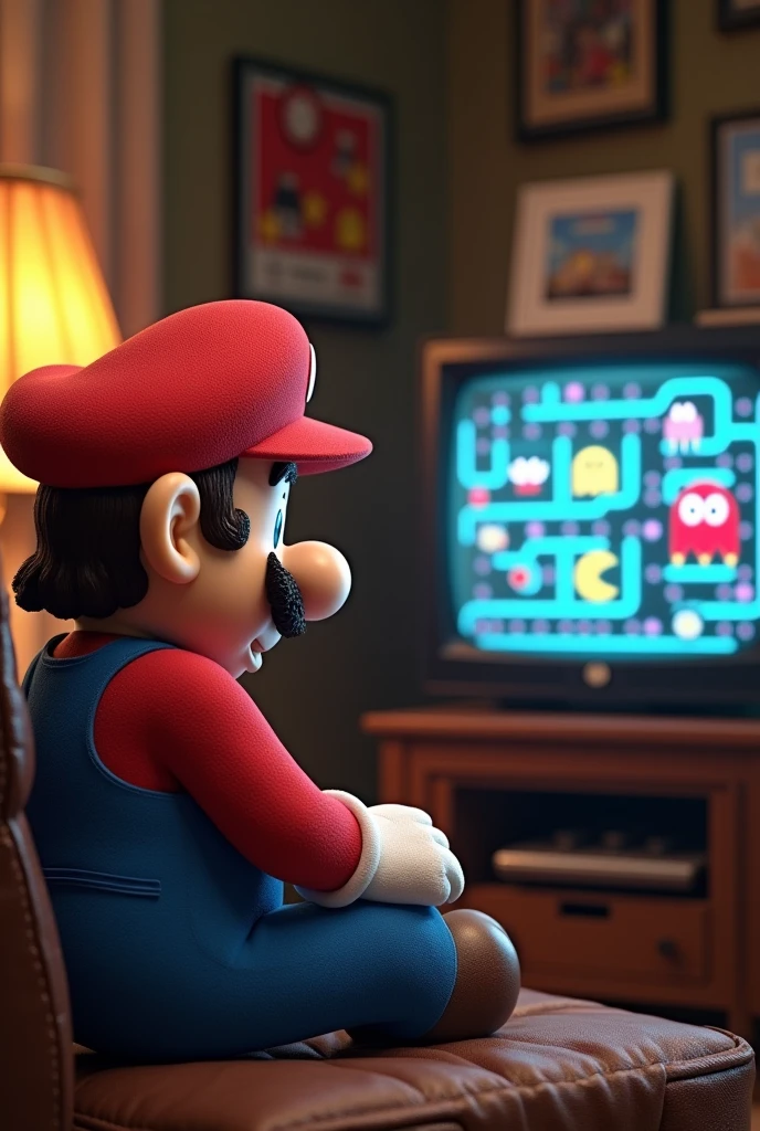 Super Mario character sitting in front of a television playing PAC man