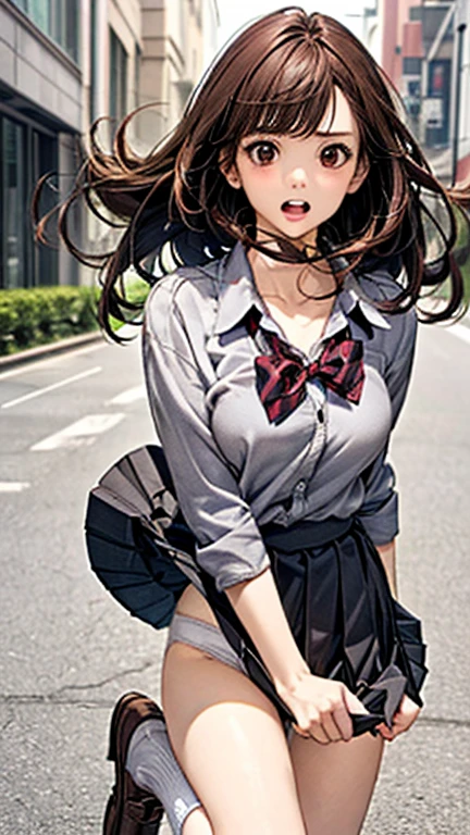 (masterpiece:1.2, highest quality), (Realistic, photoRealistic:1.4), Beautiful illustrations, (Natural Side Lighting, Cinema Lighting),
View your viewers, Upper Body, 1 girl, Japanese, high school girl, , Perfect Face, Cute and symmetrical face, Shiny skin, Plump Style、(('My skirt is blown up by the wind)))、
(Long Hair, Straight hair, Reddish brown hair), Asymmetrical bangs, Brown eyes, Long Eyelashes, (Large Breasts),
Beautiful Hair, Beautiful Face, Beautiful fine details, Beautiful clavicle, Beautiful body, Beautiful breasts, Beautiful thighs, Beautiful feet, Beautiful fingers,
((Detailed clothing texture、White collared shirt, Grey box pleated mini skirt、White socks、White panties、Brown Loafers), Dark red bow tie), (((Grab the hem of your skirt、Wind lift)))、slouch、
(Beautiful views), evening, (street), (Surprised、Open your mouth、Embarrassing),