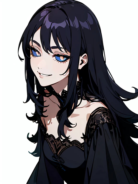 ((((masterpiece, Best Quality, Ultra-high resolution, Best illustrations)))), ((Portrait of a person standing against a white background)), (Very delicate and cute face, Sparkling Eyes), (((black sclera, white small iris))), A beautiful girl named "Sinza" in black dress is standing diagonally to the left alone, (((black dress))), white long hair, full body portrait, (((evil smile))),