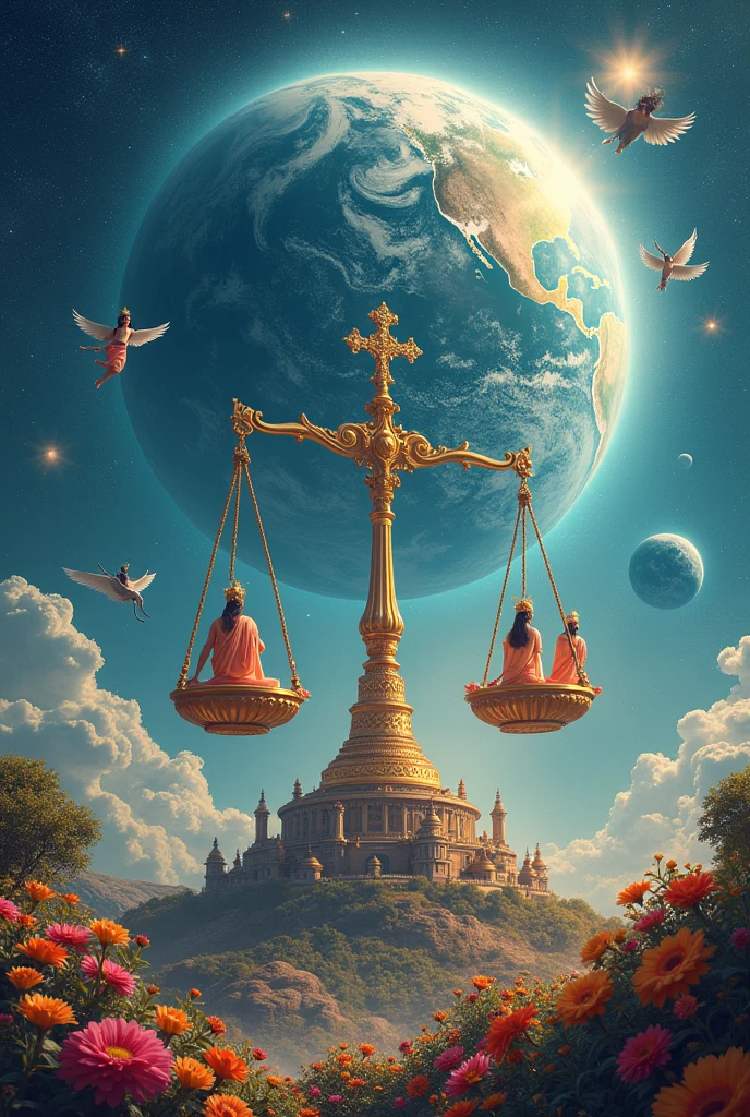 It is present in the entire universe, it is permanent. Very great virtuous souls are flying in it. There is a scale in it. There are three people on one side of the scale. There is also the world of Brahma Vishnu Mahesh. Behind there is a very big beautiful photo showing the face of the entire earth with flowers all around.