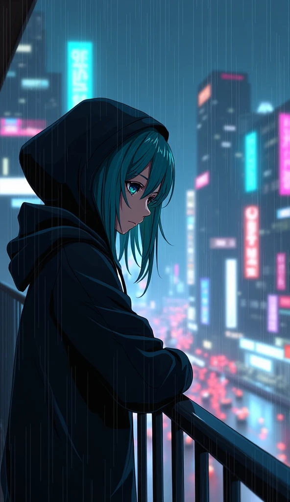 Anime 2.5D Hatsune miku, wearing black hoodie, cyberpunk city night time drinking coffee at home balcony while resting arm on barrier while standing, glaring at the city night, lofi music, raining and face looking
away from camera. 4k resolution