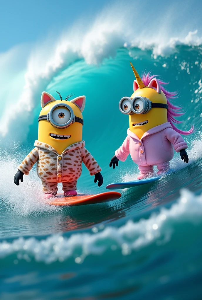 Un minion deguisé en chat avec un pyjama chat qui surf sur une enorme vague avec une vrai planche de surf et a coté un minion qui surf aussi la vague avec une planche de surf différente de celle du chat, le minion est déguisé licorne ,